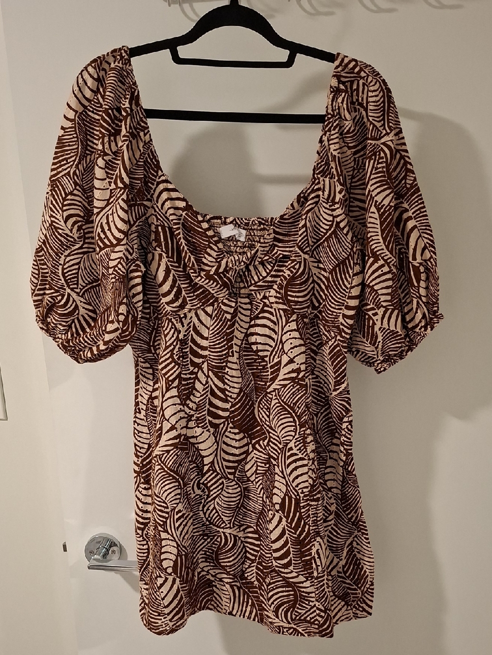 Mango Chocolate Brown Tropical/Floral Cut-out Milkmaid Mini Dress (Size L)